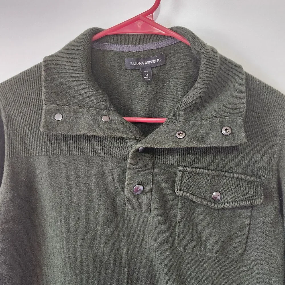 Banana Republic Mens Merino Blend Pullover Sweater Sage Green Snap Collar M Knit - Picture 3 of 10